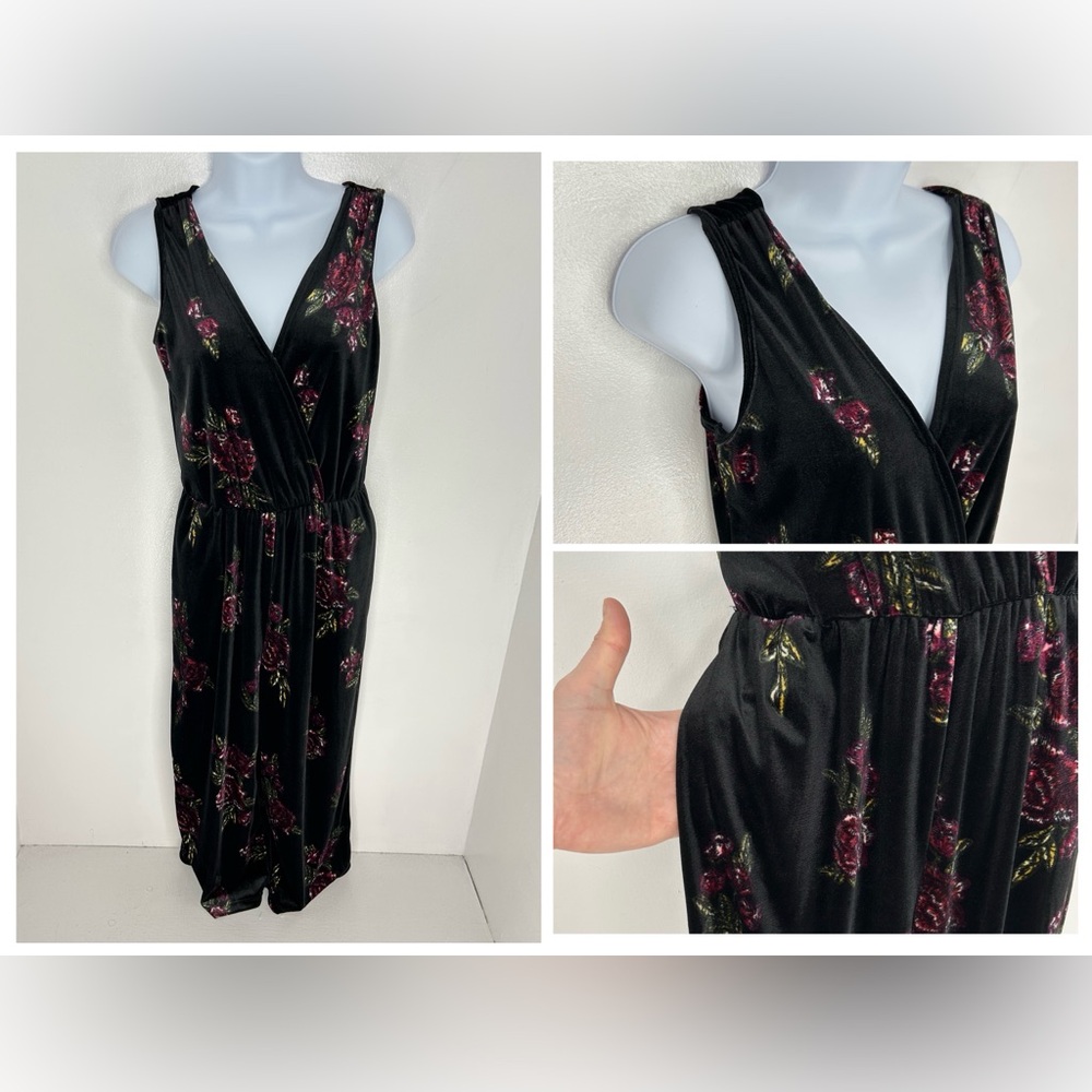 Xhilaration Floral Velvet Jumpsuit Size XS Black Pink Whimsigoth Goth Chic
